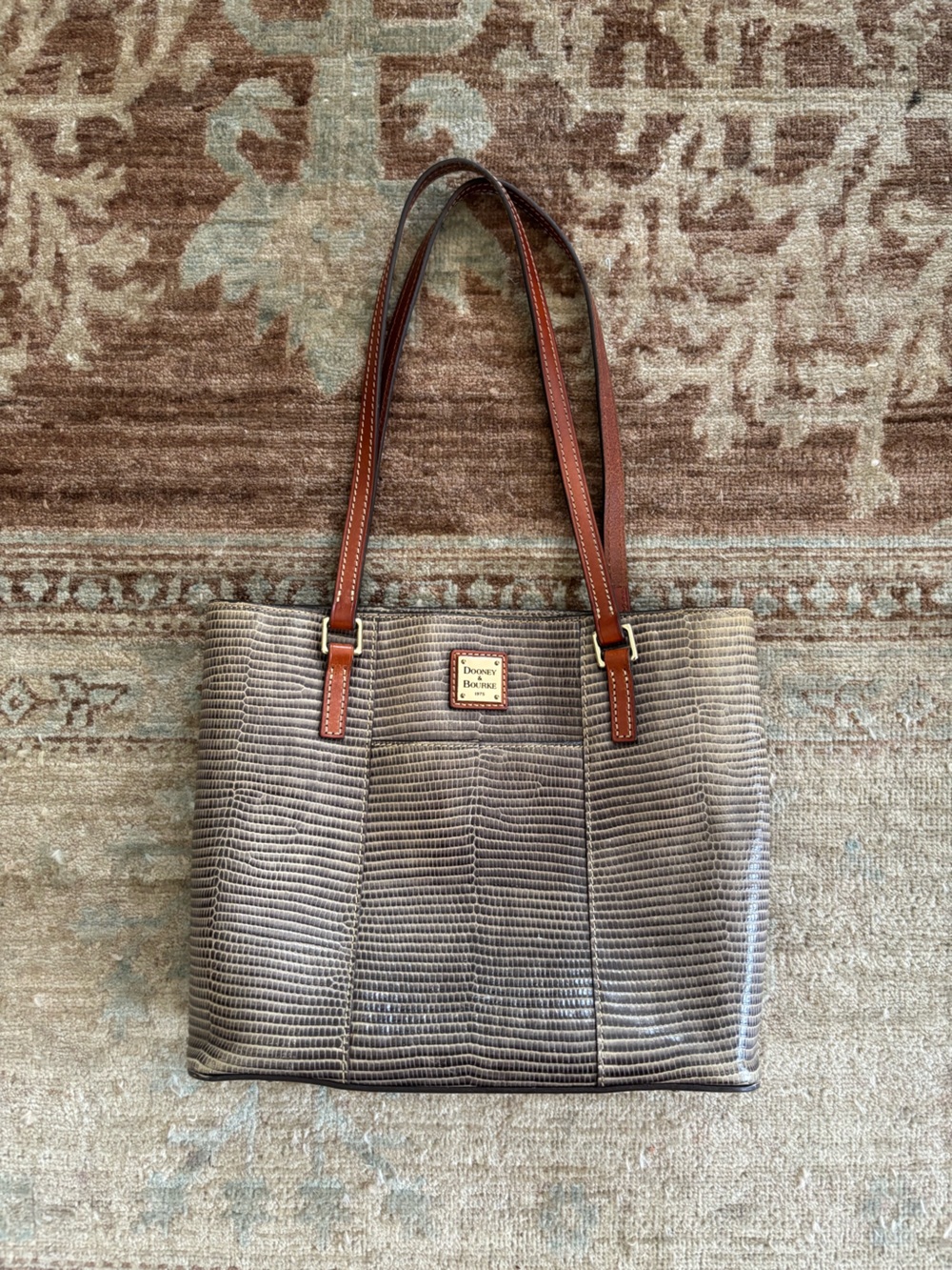 Dooney & Bourke Gray Croc-Embossed Tote with Brown Leather Trim
